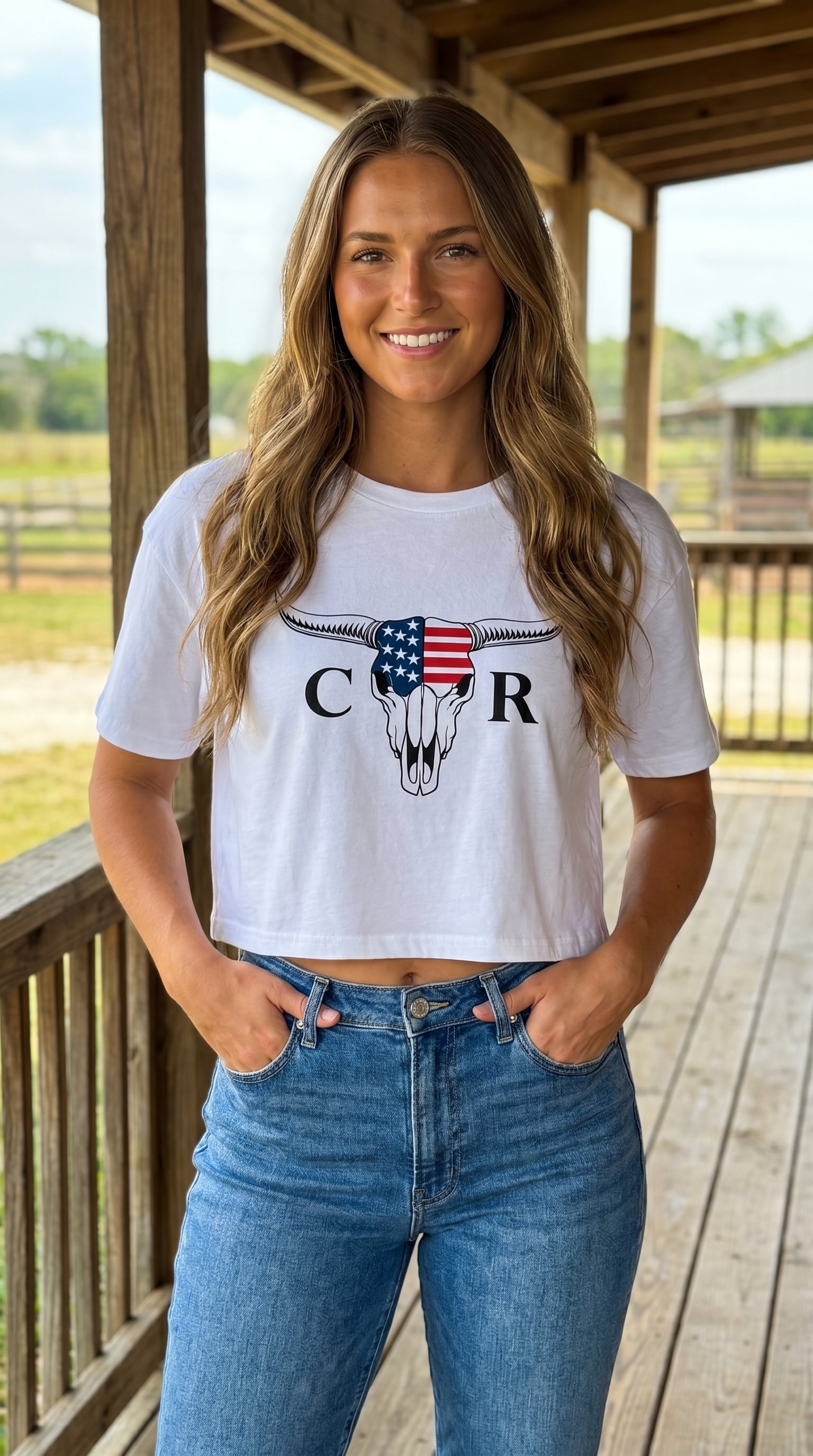 Women’s Stars & Stripes Longhorn Skull Crop Top | Western Patriot Shirt | Cody Ranch
